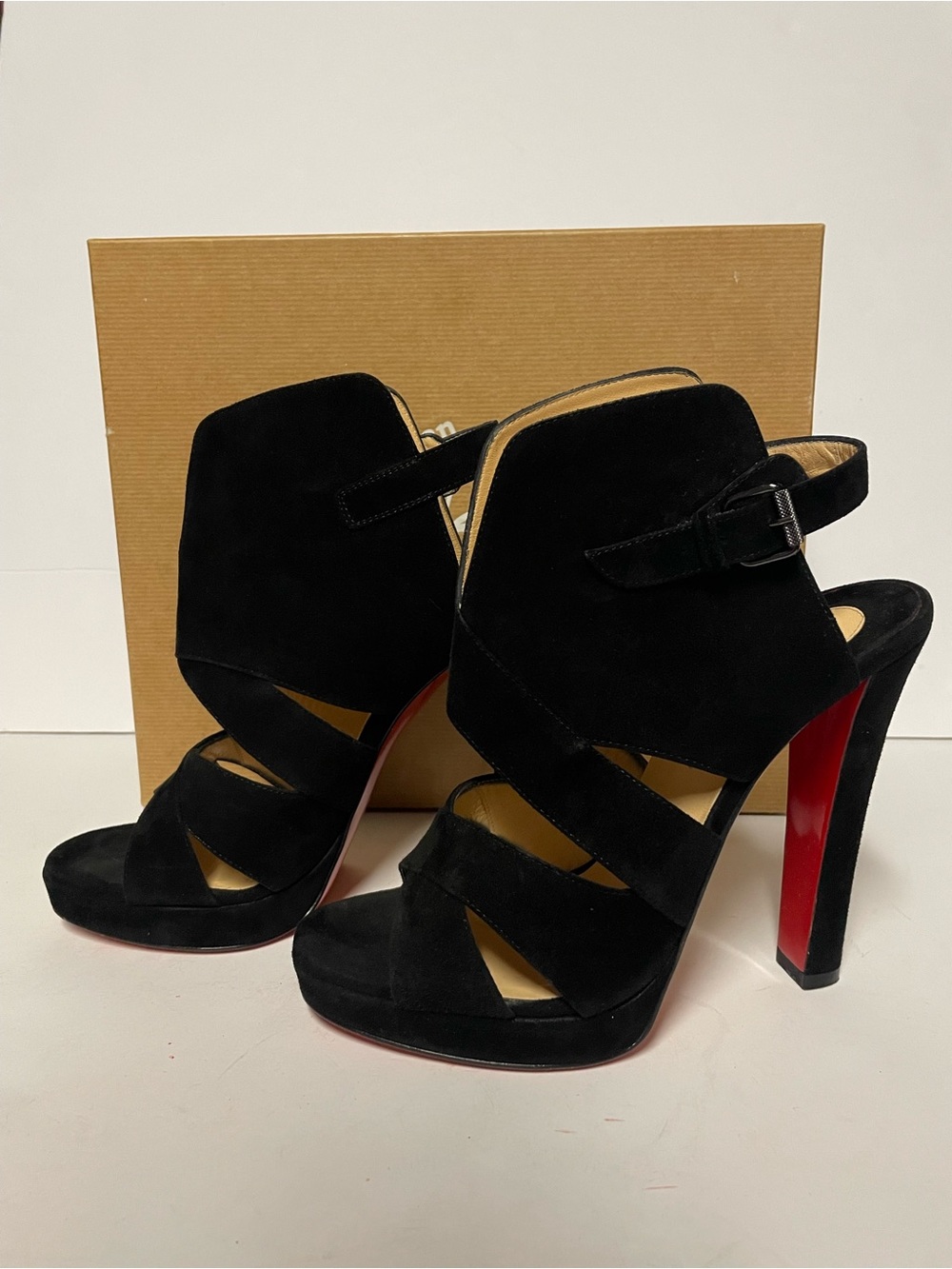 Christian Louboutin apron lili Black Suede High Heel Sandals pumps 38.5/8